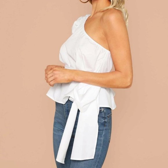 White Preppy One Shoulder Puff Sleeve Belted Solid Top - Picture 3 of 5